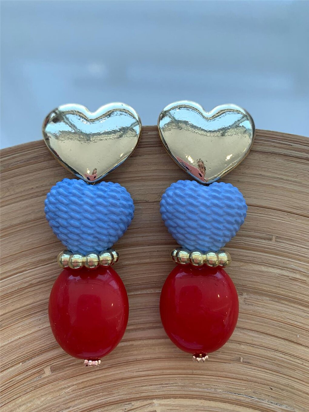 Blue Heart and Red Beaded Design Earrings