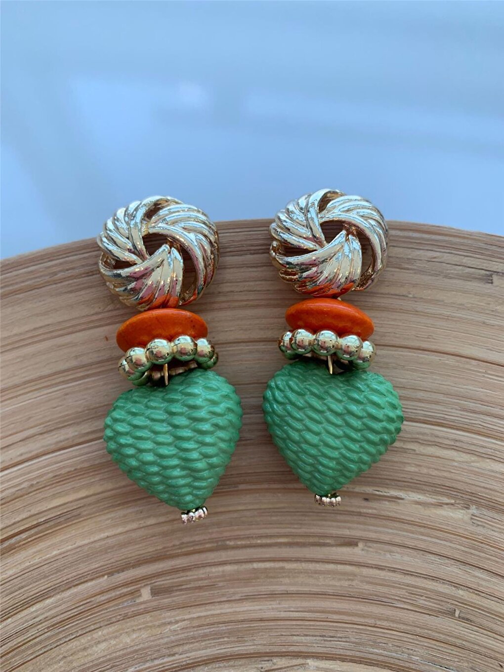 Green Heart and Orange Design Earrings