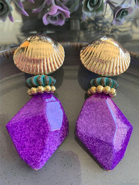 Purple Beaded Shell Design Earrings