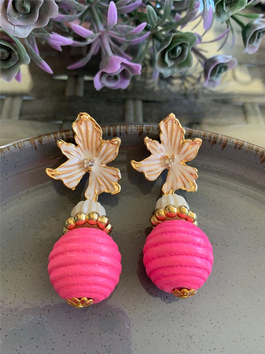 Pink White Ball Beaded Floral Design Earrings