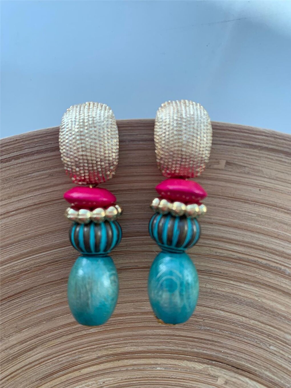 Mint Green Wooden Beaded Design Earrings