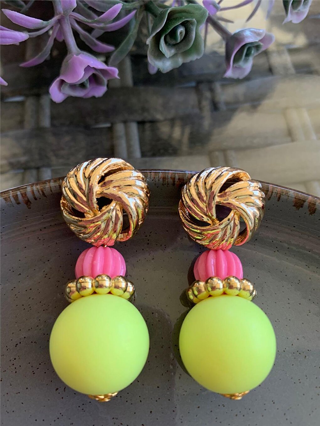 Neon Yellow Pink Ball Beaded Design Earrings