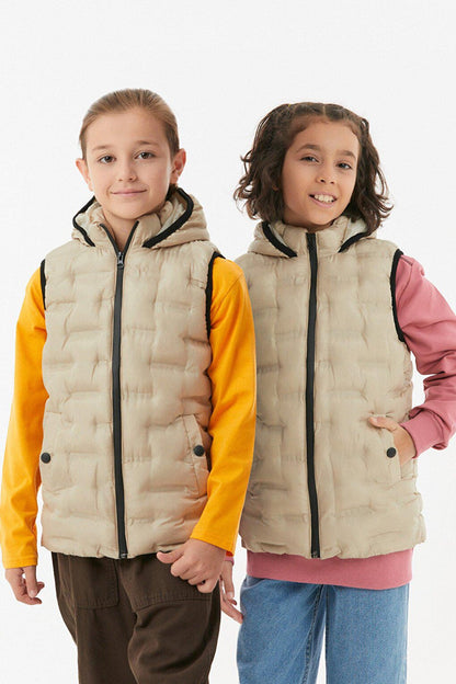 Unisex Children's Puffer Vest with Snap Pocket Hooded