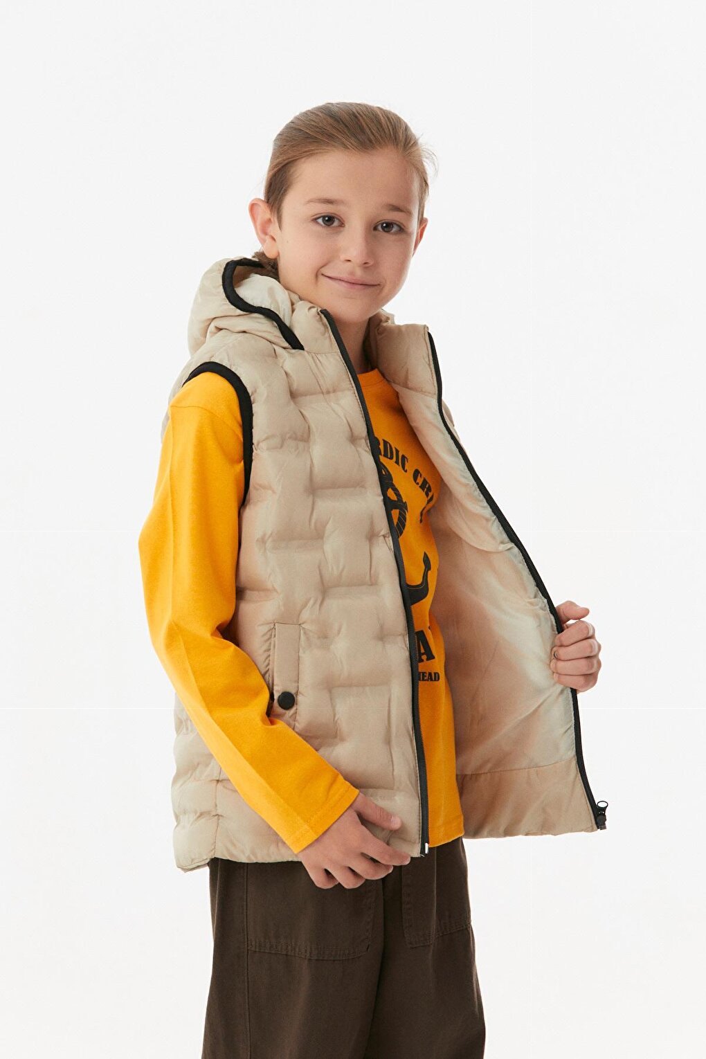 Unisex Children's Puffer Vest with Snap Pocket Hooded