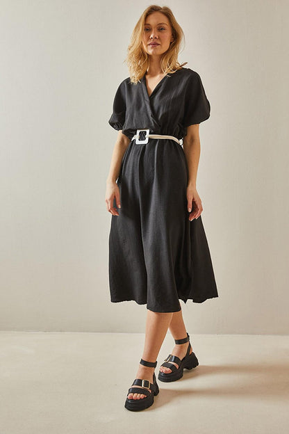 Black Balloon Sleeve Traveling Belt Midi Dress 5YXK6-47990-02