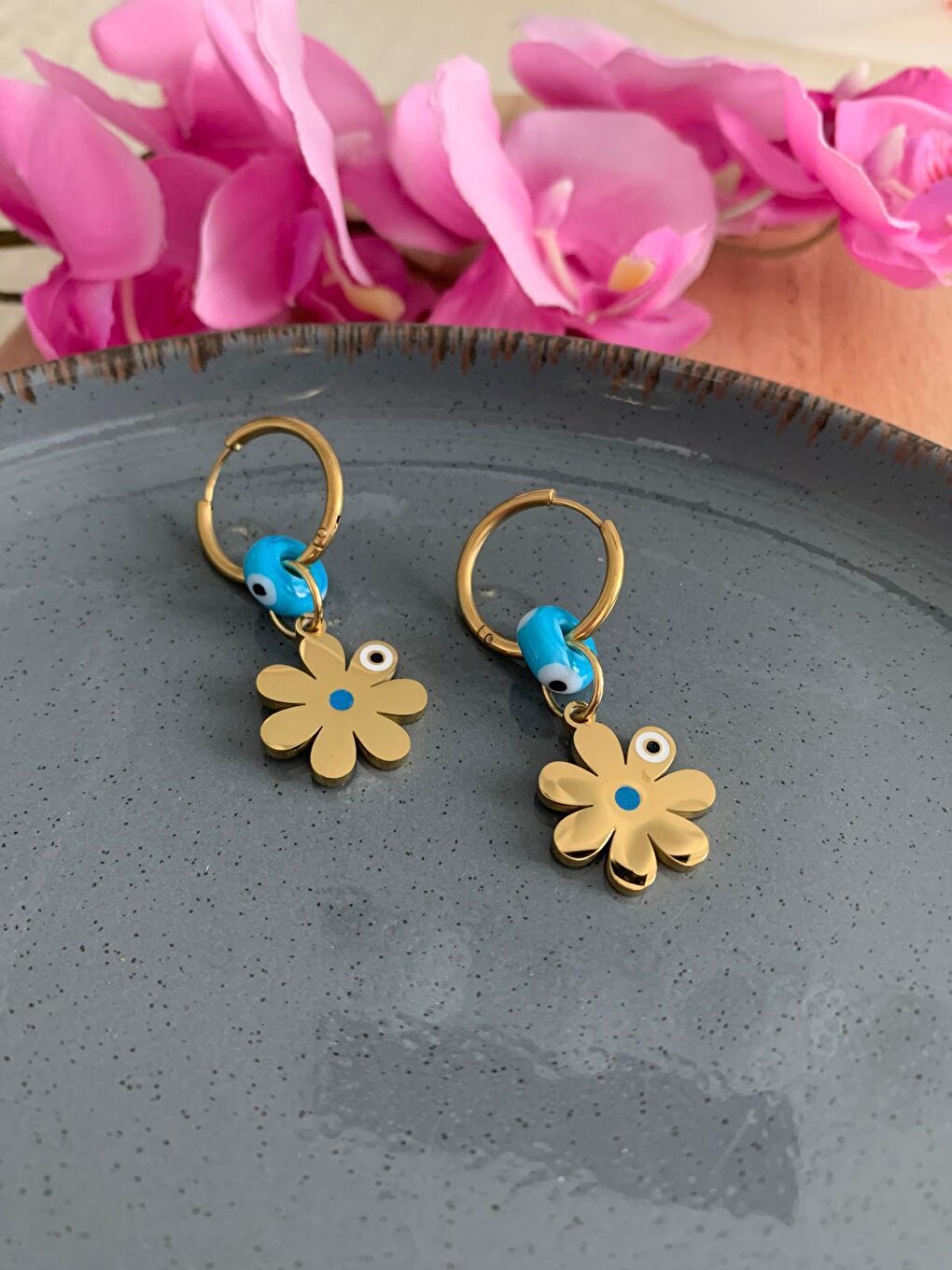 Flower and Blue Glass Beaded Steel Earrings