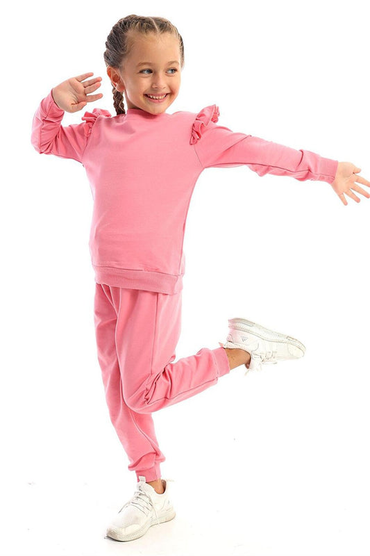 Girl's Pink Color Crew-Neck Double Suit with Ruffles on Shoulders