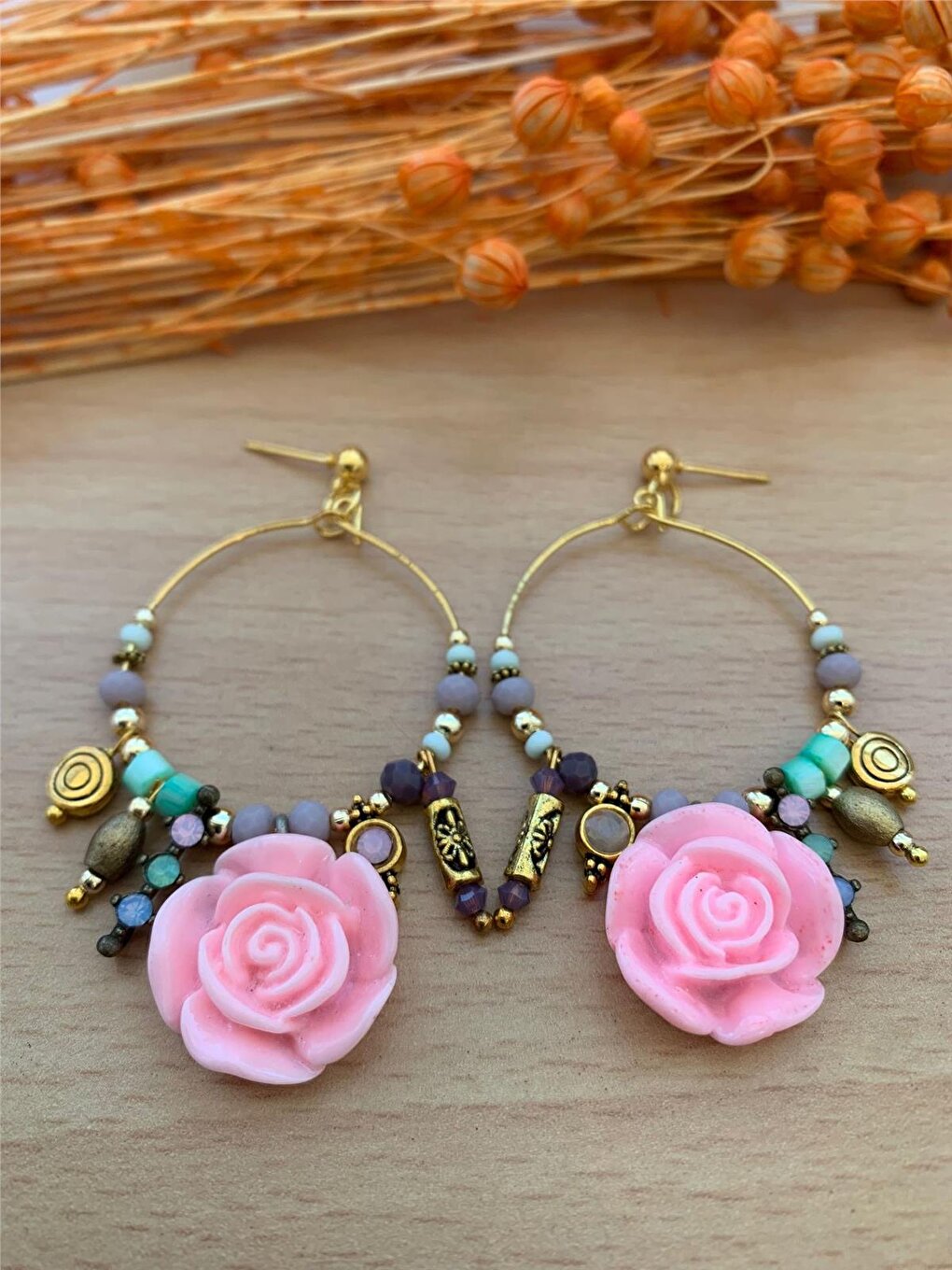 Ethnic Earrings with Pink Flower Figures