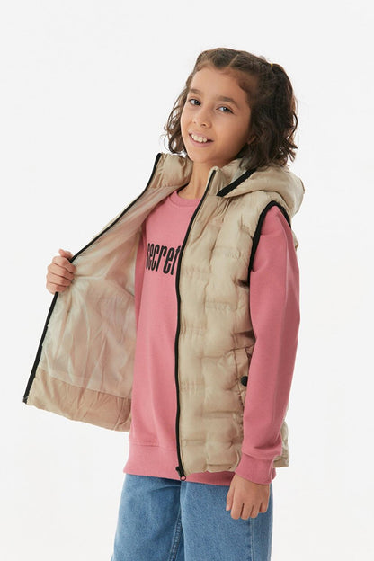 Unisex Children's Puffer Vest with Snap Pocket Hooded