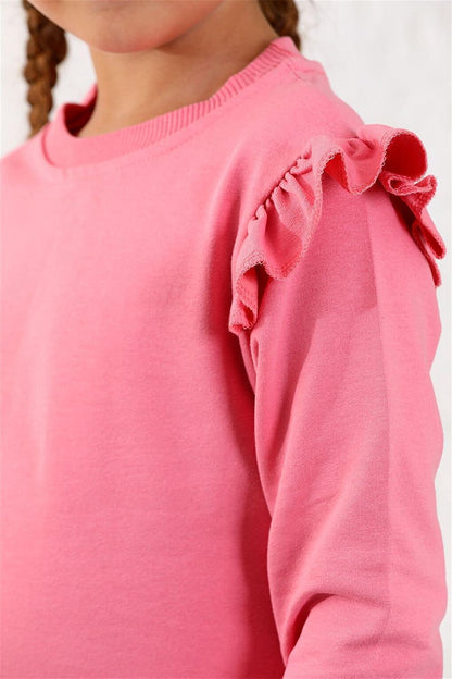 Girl's Pink Color Crew-Neck Double Suit with Ruffles on Shoulders