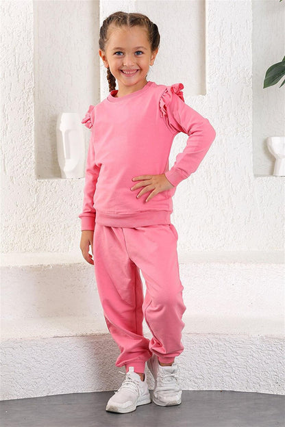 Girl's Pink Color Crew-Neck Double Suit with Ruffles on Shoulders