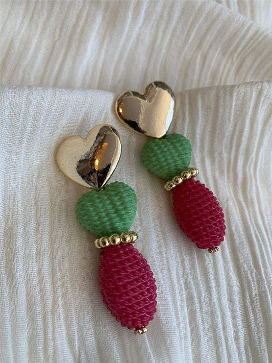 Fuchsia Green Heart Beaded Design Earrings