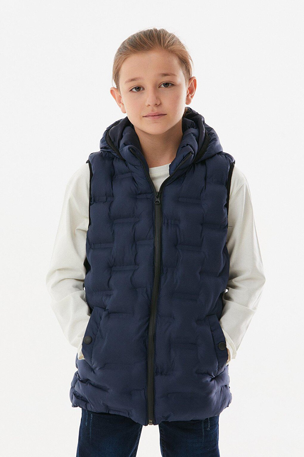 Unisex Children's Puffer Vest with Snap Pocket Hooded