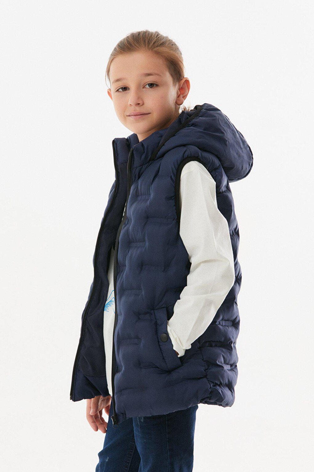 Unisex Children's Puffer Vest with Snap Pocket Hooded