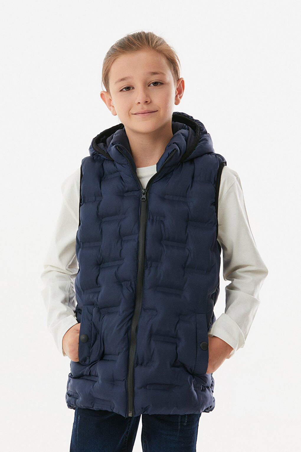 Unisex Children's Puffer Vest with Snap Pocket Hooded