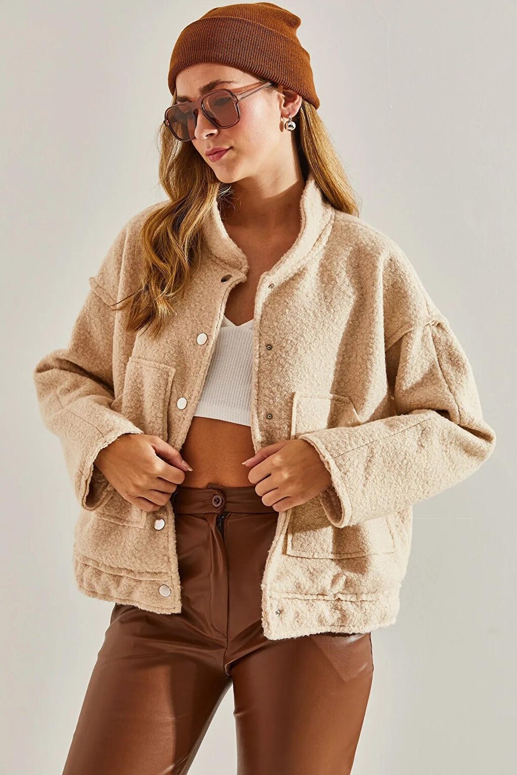 Women's Wool Brush Stamp Casual Pocket Jacket