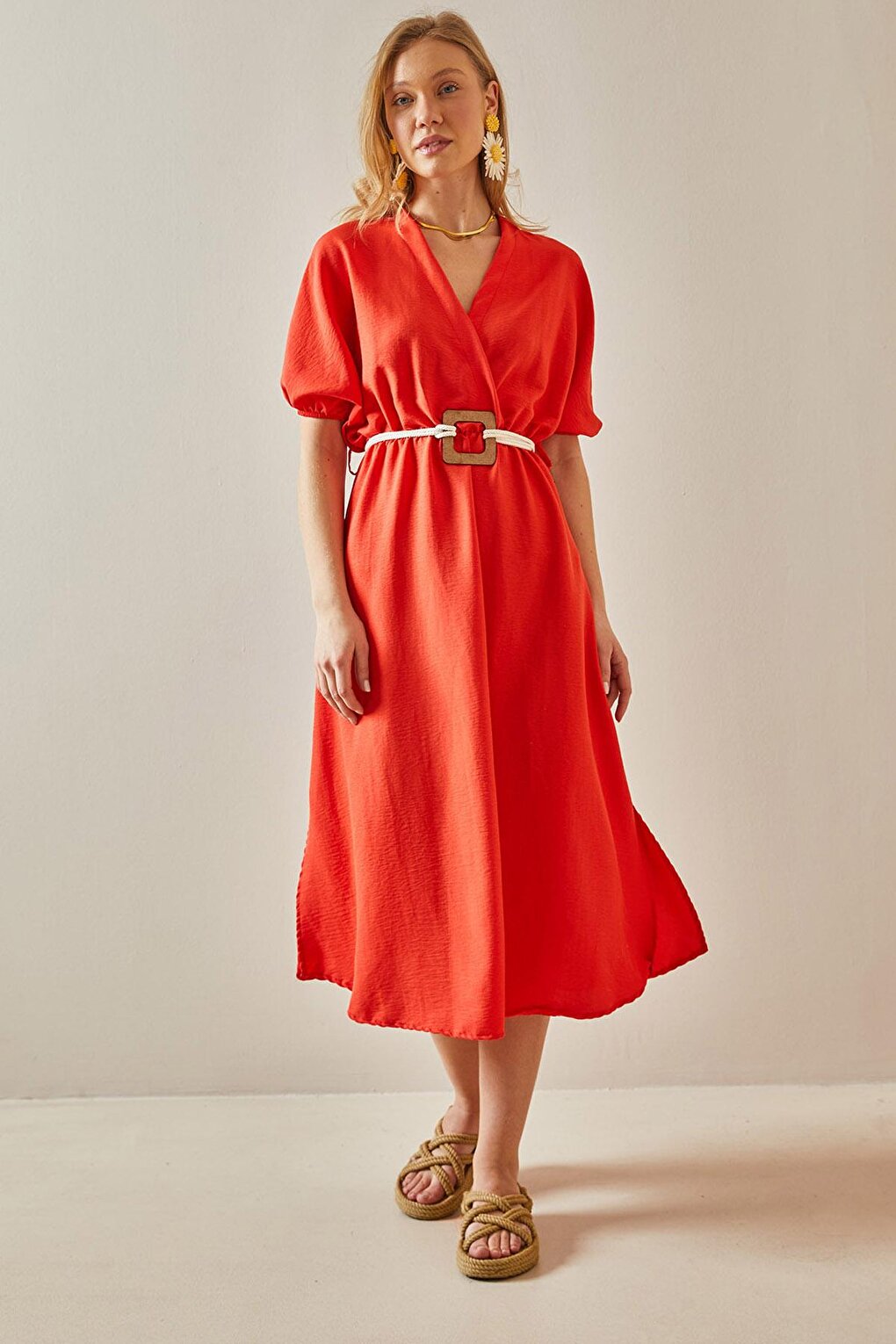 Orange Balloon Sleeve Traveling Belt Midi Dress 5YXK6-47990-11