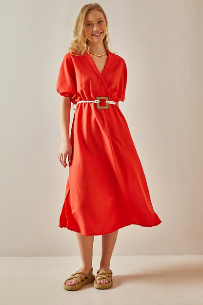 Orange Balloon Sleeve Traveling Belt Midi Dress 5YXK6-47990-11