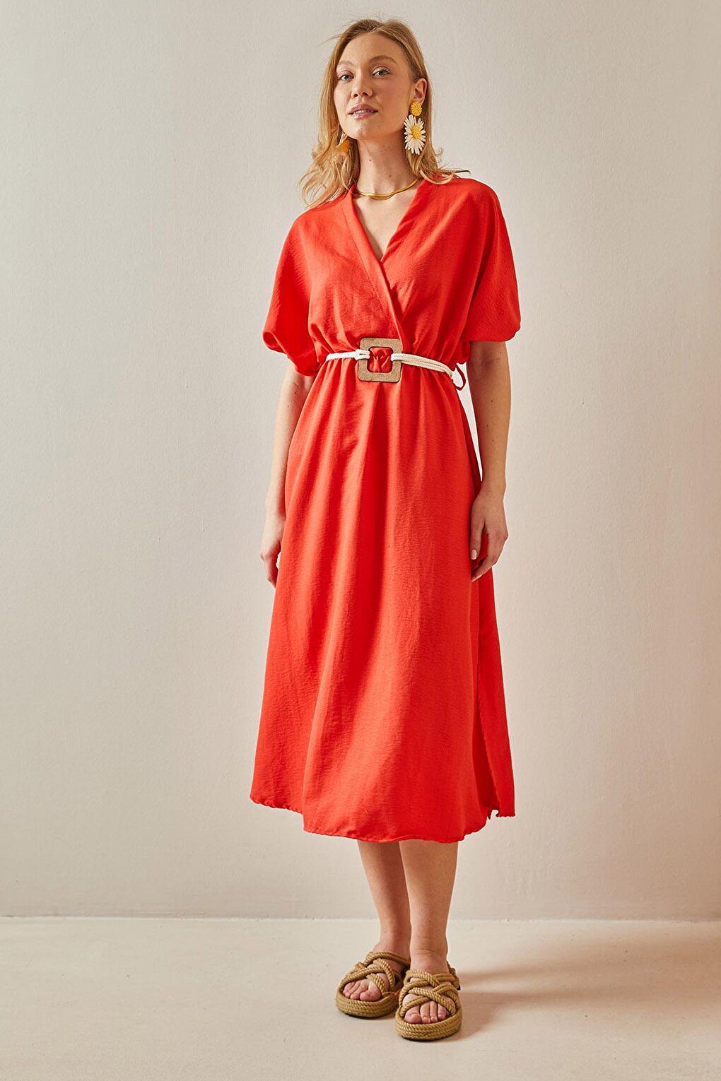 Orange Balloon Sleeve Traveling Belt Midi Dress 5YXK6-47990-11