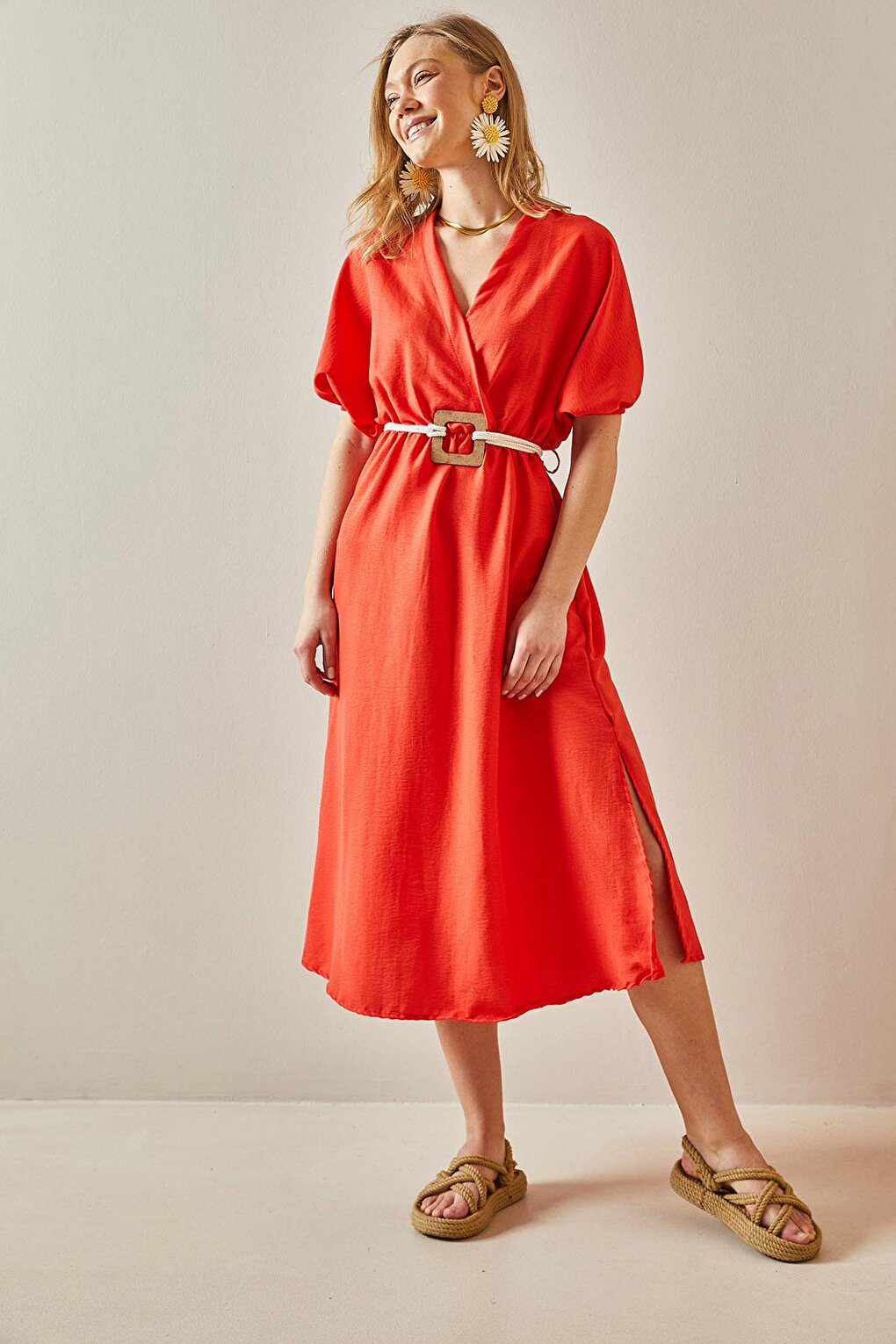 Orange Balloon Sleeve Traveling Belt Midi Dress 5YXK6-47990-11