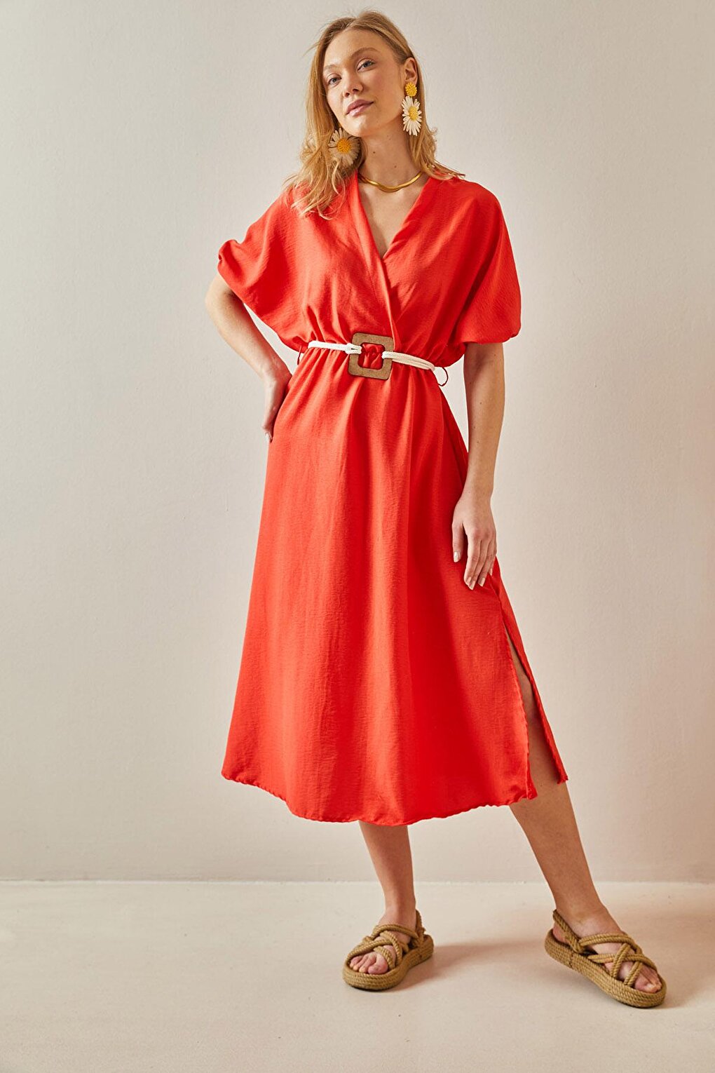 Orange Balloon Sleeve Traveling Belt Midi Dress 5YXK6-47990-11