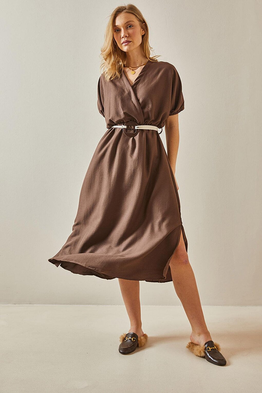 Brown Balloon Sleeve Traveling Belt Midi Dress 5YXK6-47990-18