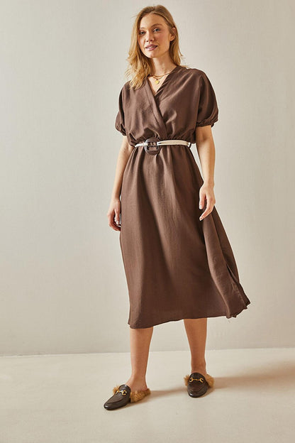 Brown Balloon Sleeve Traveling Belt Midi Dress 5YXK6-47990-18