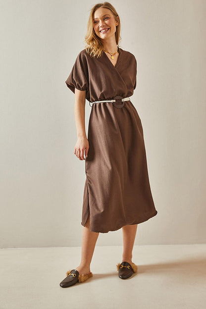 Brown Balloon Sleeve Traveling Belt Midi Dress 5YXK6-47990-18