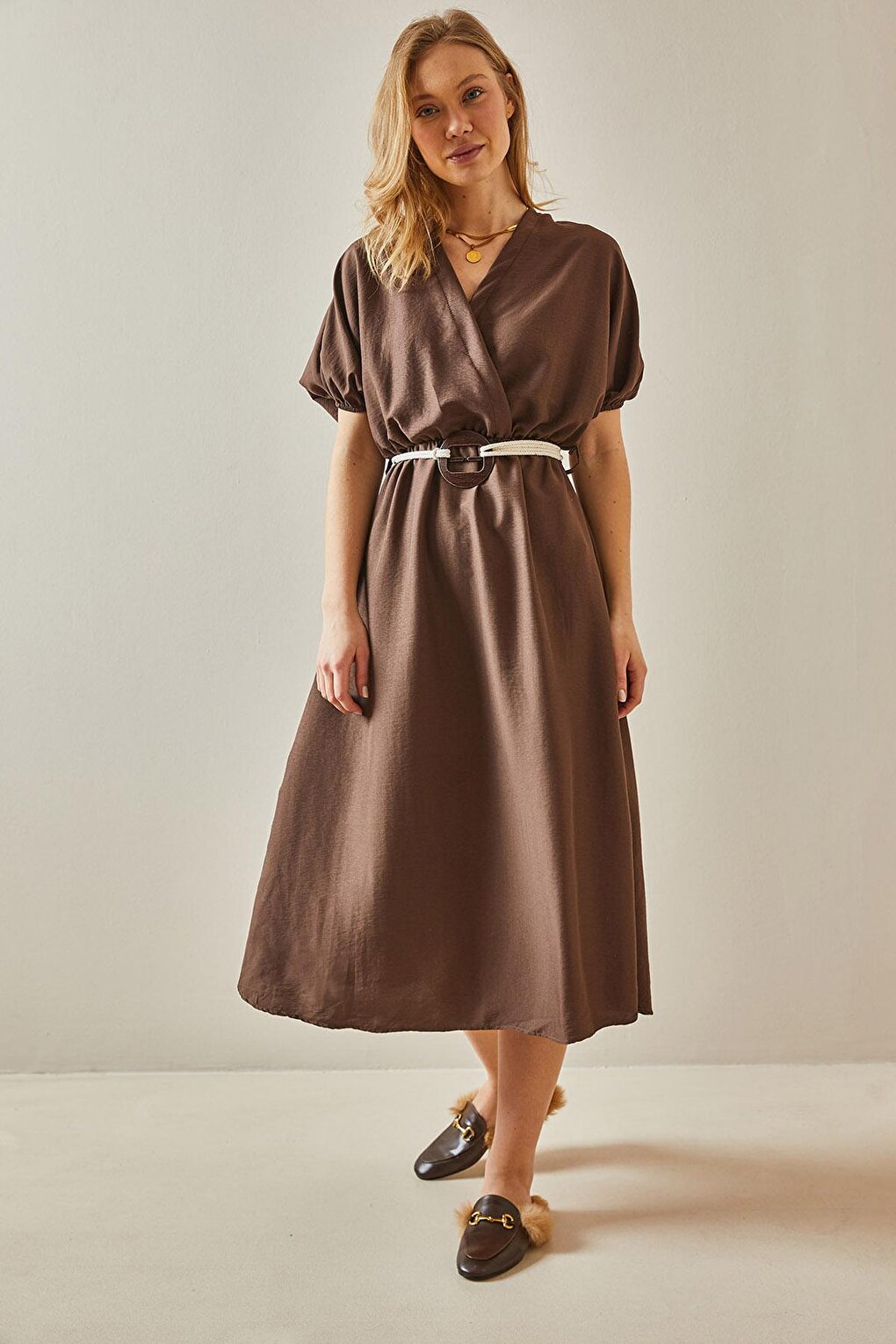 Brown Balloon Sleeve Traveling Belt Midi Dress 5YXK6-47990-18