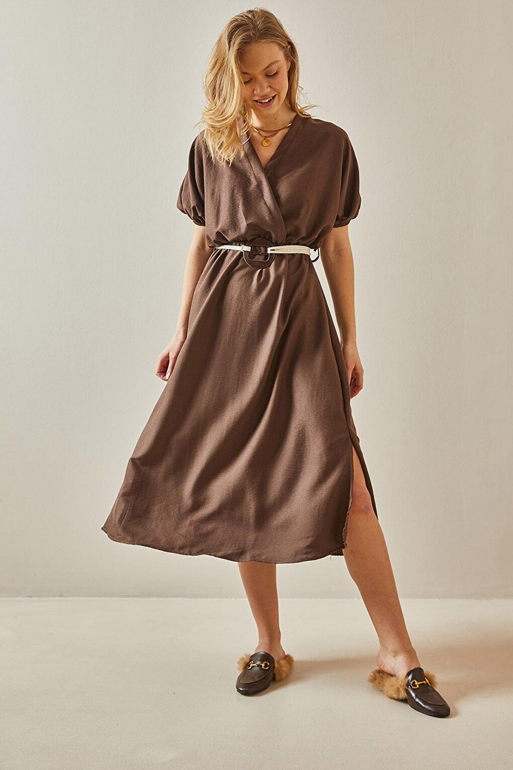 Brown Balloon Sleeve Traveling Belt Midi Dress 5YXK6-47990-18