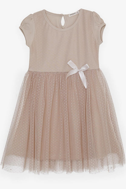 Girl's Dress Tulle Patterned Bow Beige (4-9 Years)