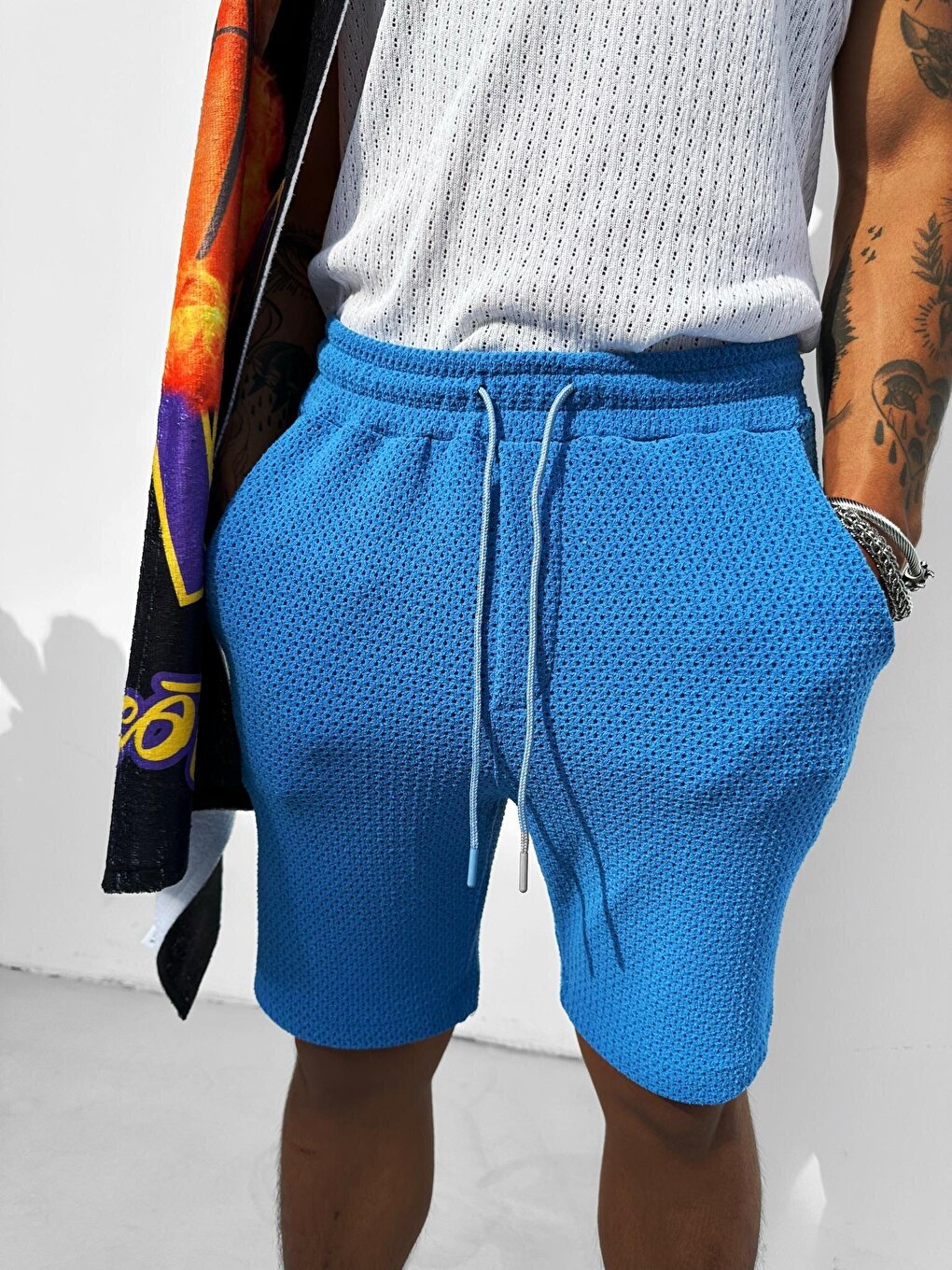 Mesh Elastic Waist Oversize Shorts Blue