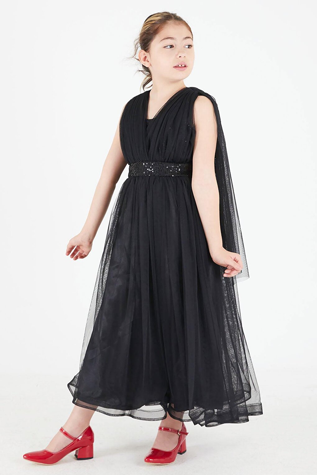 Black Cape Tulle Girls' Evening Dress 15681