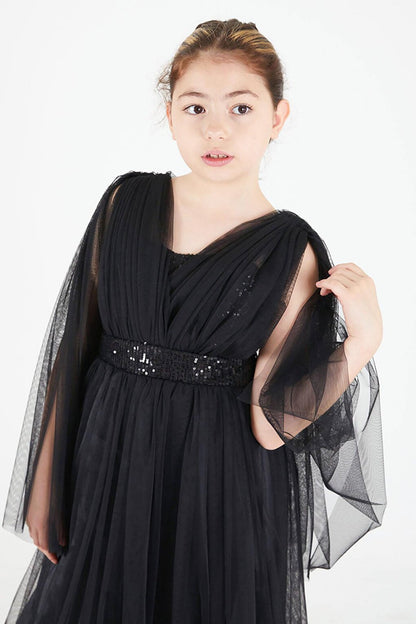 Black Cape Tulle Girl's Evening Dress 15681