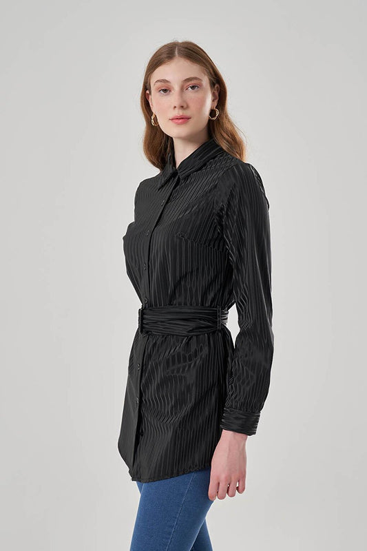 Black Tunic with Stripe Leather Detail