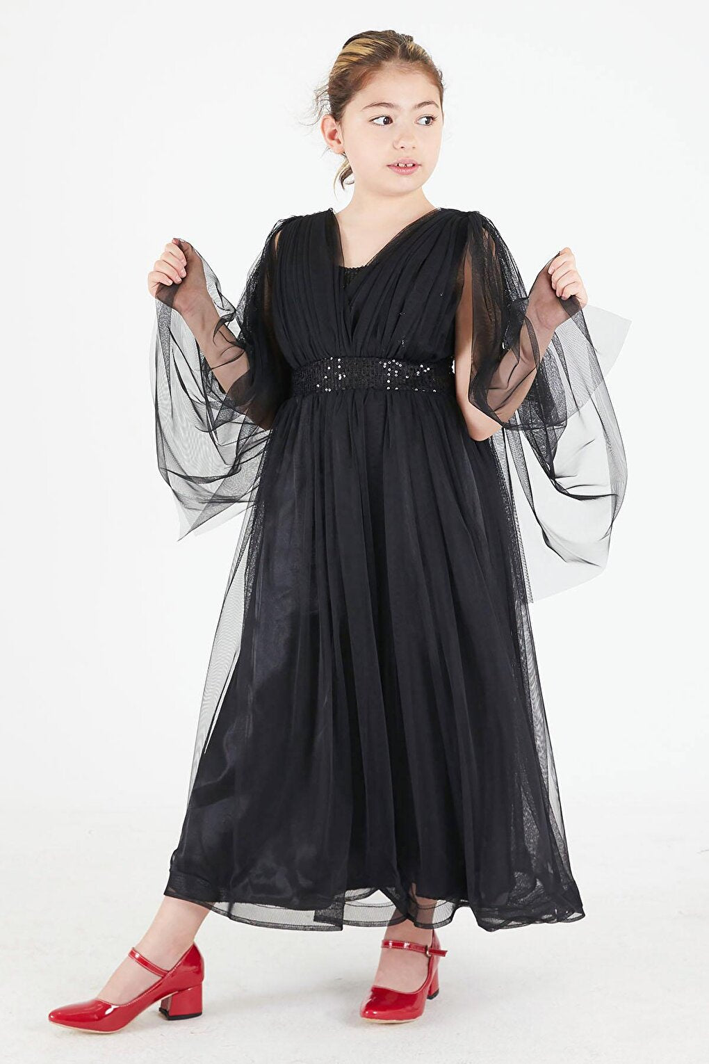 Black Cape Tulle Girl's Evening Dress 15681