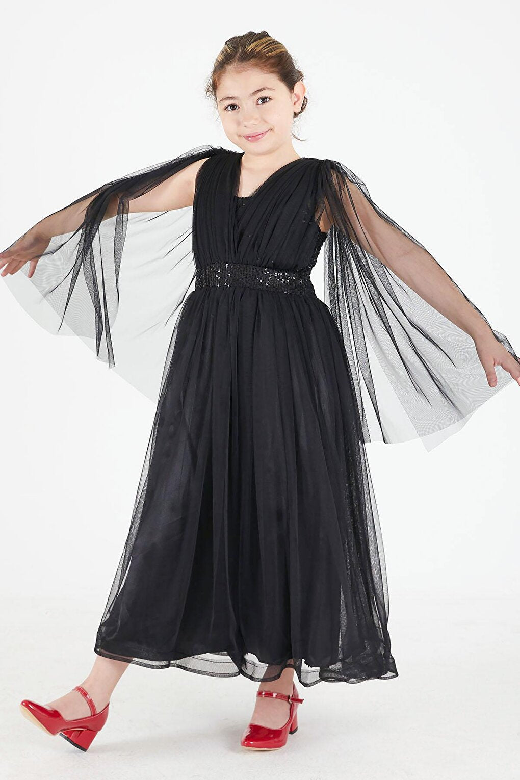 Black Cape Tulle Girl's Evening Dress 15681