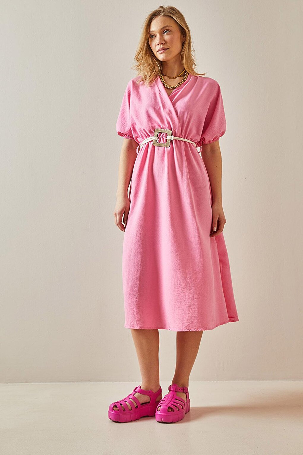 Pink Balloon Sleeve Traveling Belt Midi Dress 5YXK6-47990-20