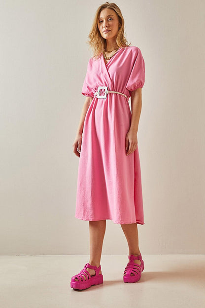 Pink Balloon Sleeve Traveling Belt Midi Dress 5YXK6-47990-20