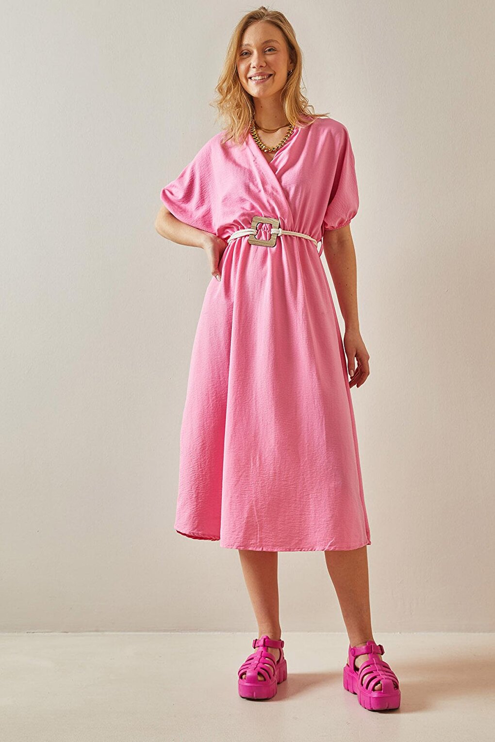 Pink Balloon Sleeve Traveling Belt Midi Dress 5YXK6-47990-20