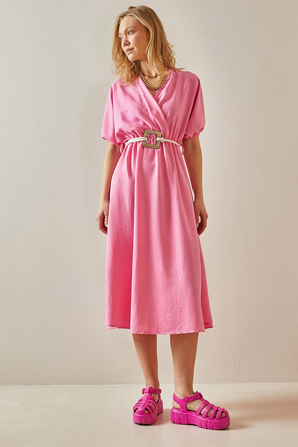 Pink Balloon Sleeve Traveling Belt Midi Dress 5YXK6-47990-20