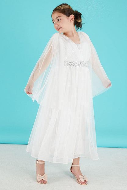 White Cape Tulle Girl's Evening Dress 15680