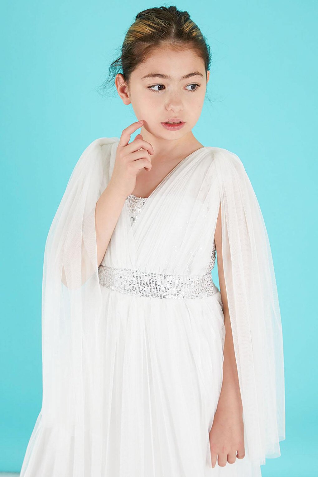 White Cape Tulle Girl's Evening Dress 15680