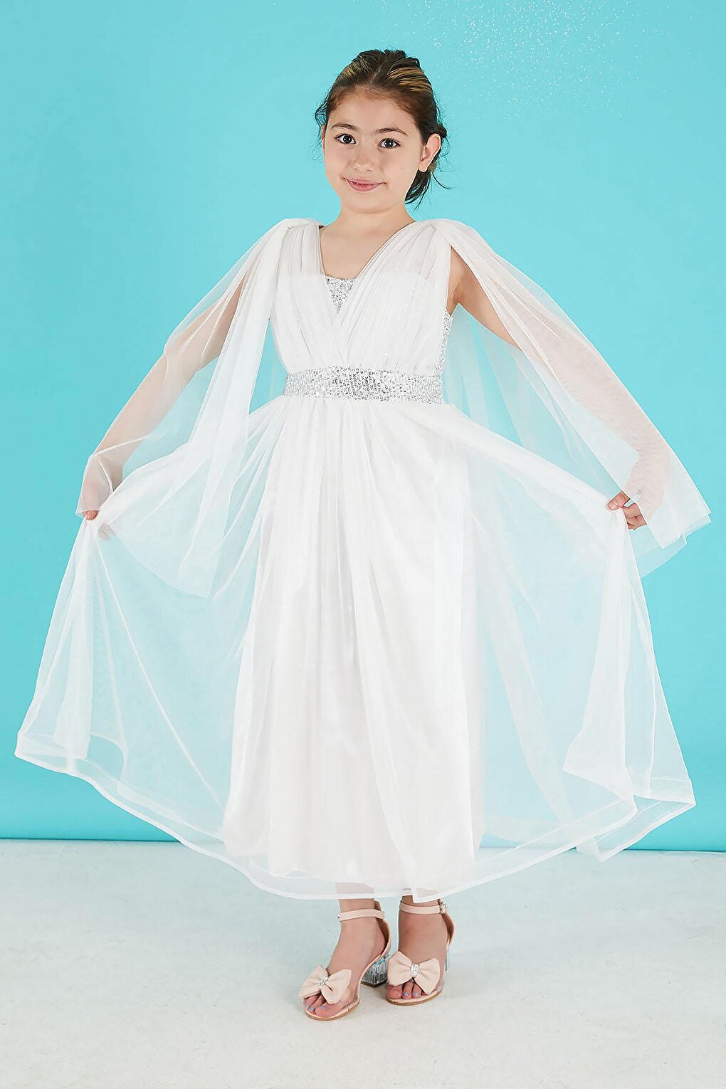 White Cape Tulle Girl's Evening Dress 15680