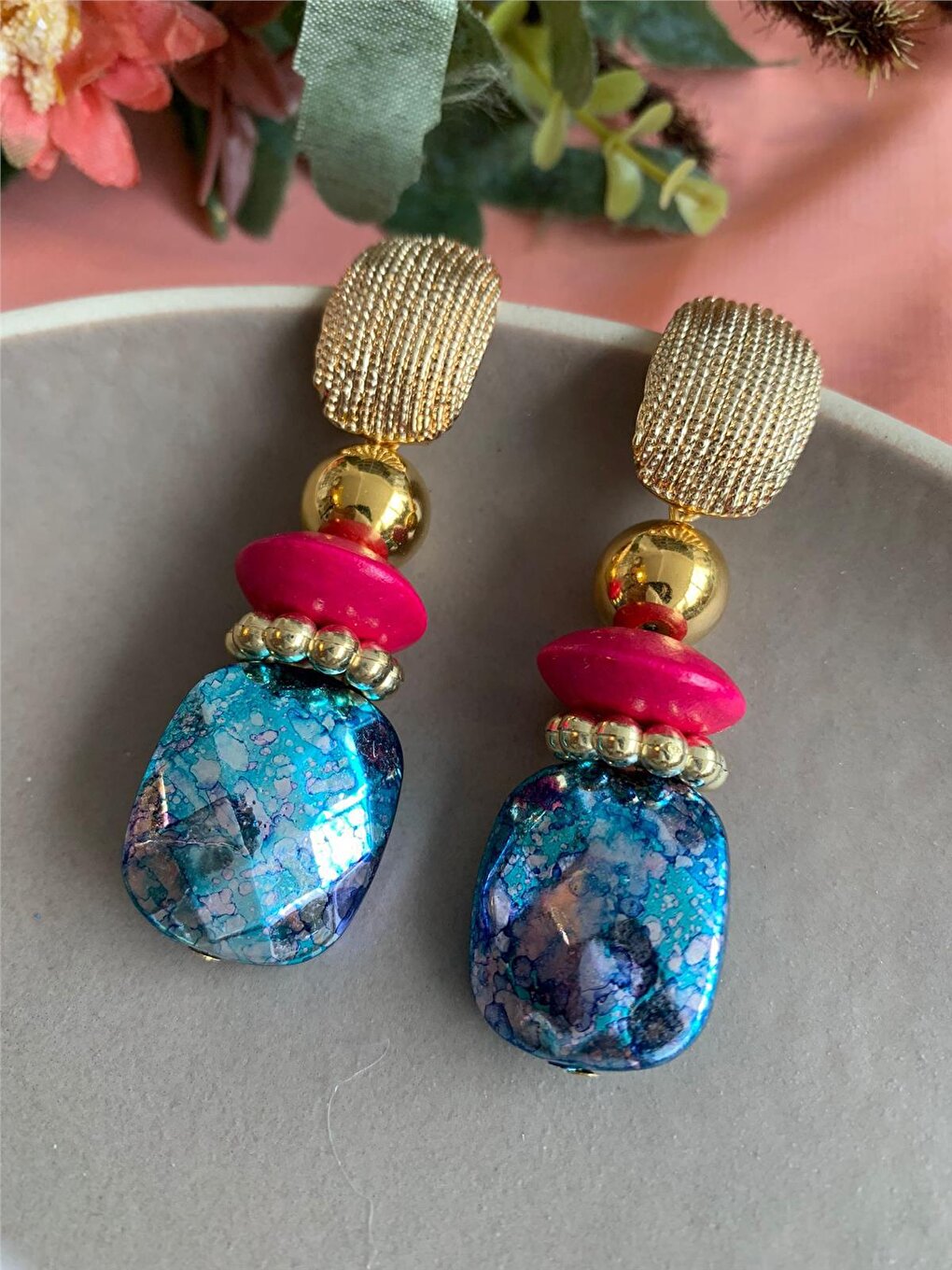 Marbled Blue Fuchsia Beaded Design Earrings