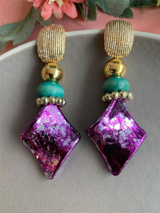 Marbled Purple Green Square Beaded Design Earrings