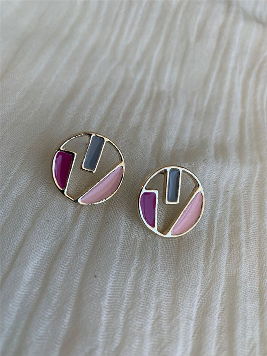 Pink Gray Geometric Circle Earrings