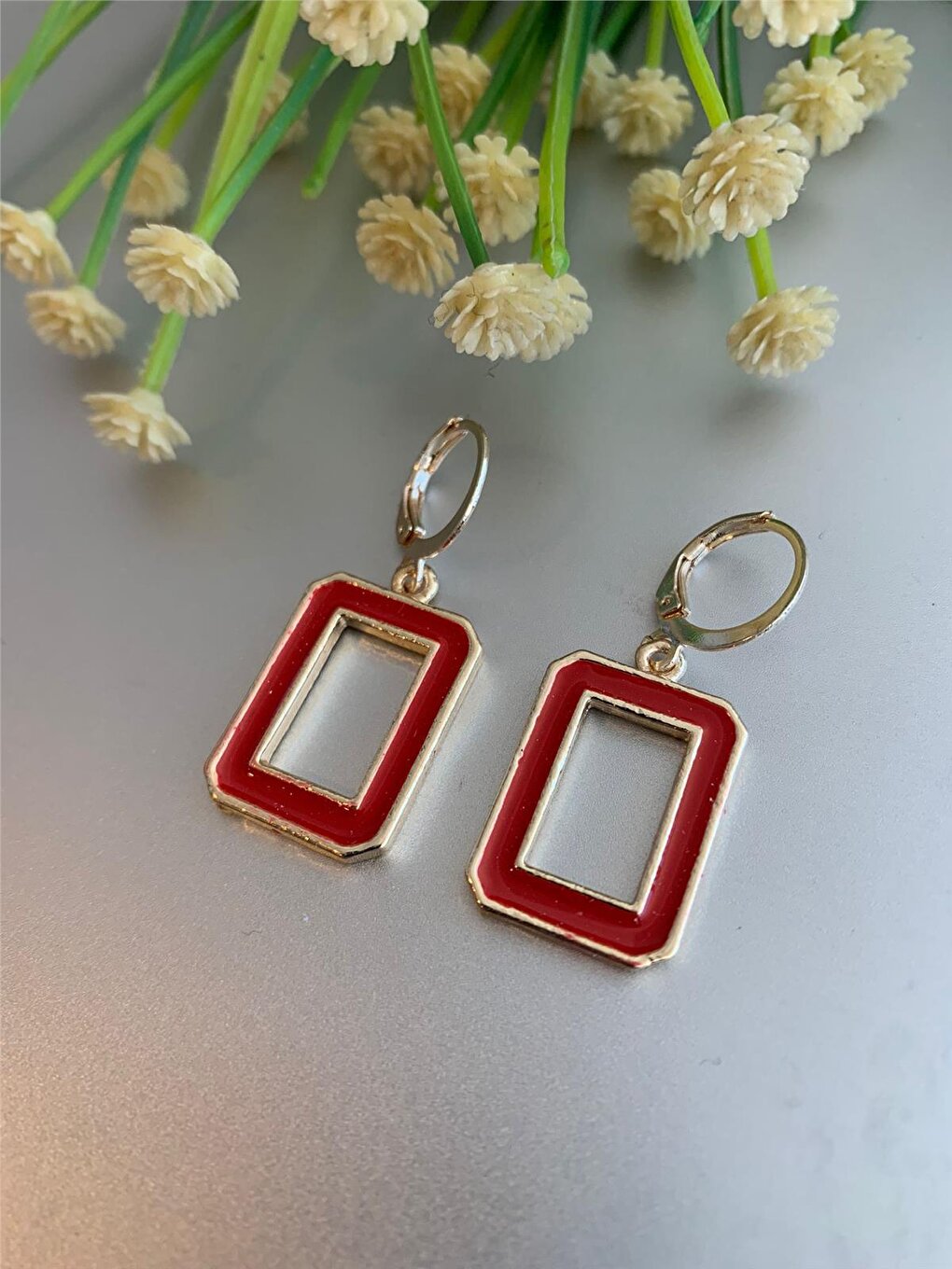 Red Rectangular Hoop Earrings