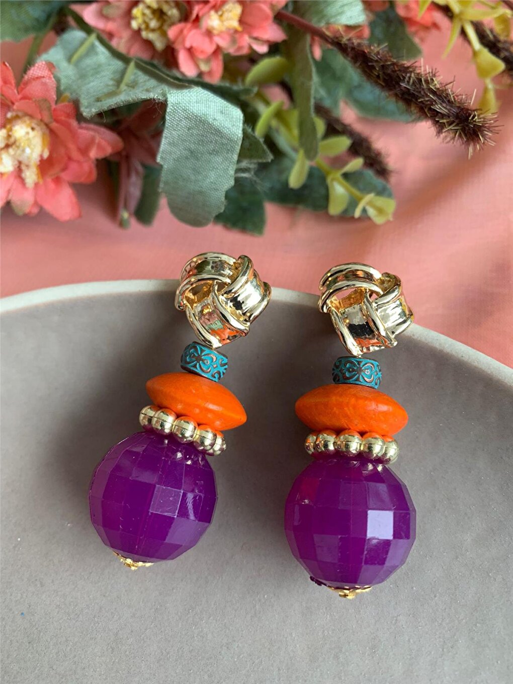 Purple Orange Beaded Design Earrings