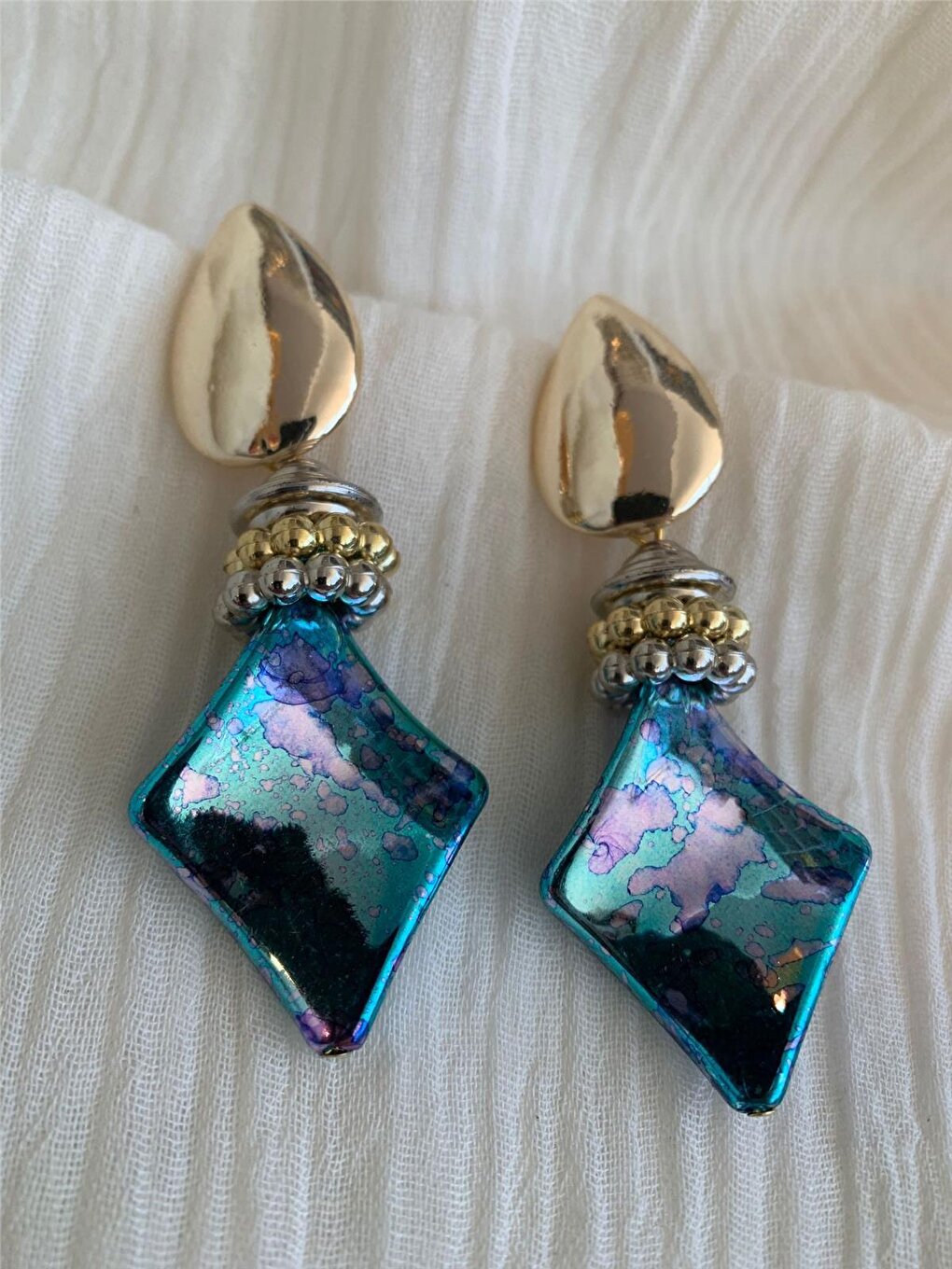 Marbled Blue Rectangular Beaded Gold Drop Design Earrings